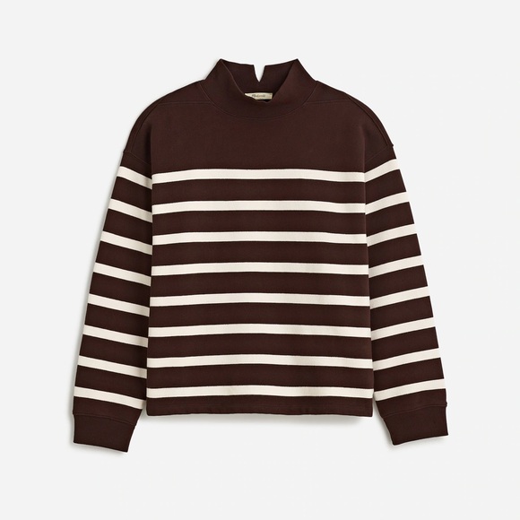 NWT Madewell Midweight Mockneck Sweatshirt in Stripe Dark Carob Brown Medium - Picture 1 of 3